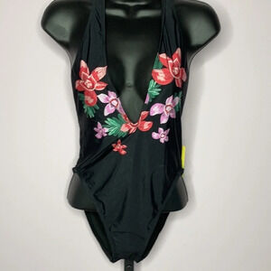 Black floral print high leg T-back Swimsuit Sz: M